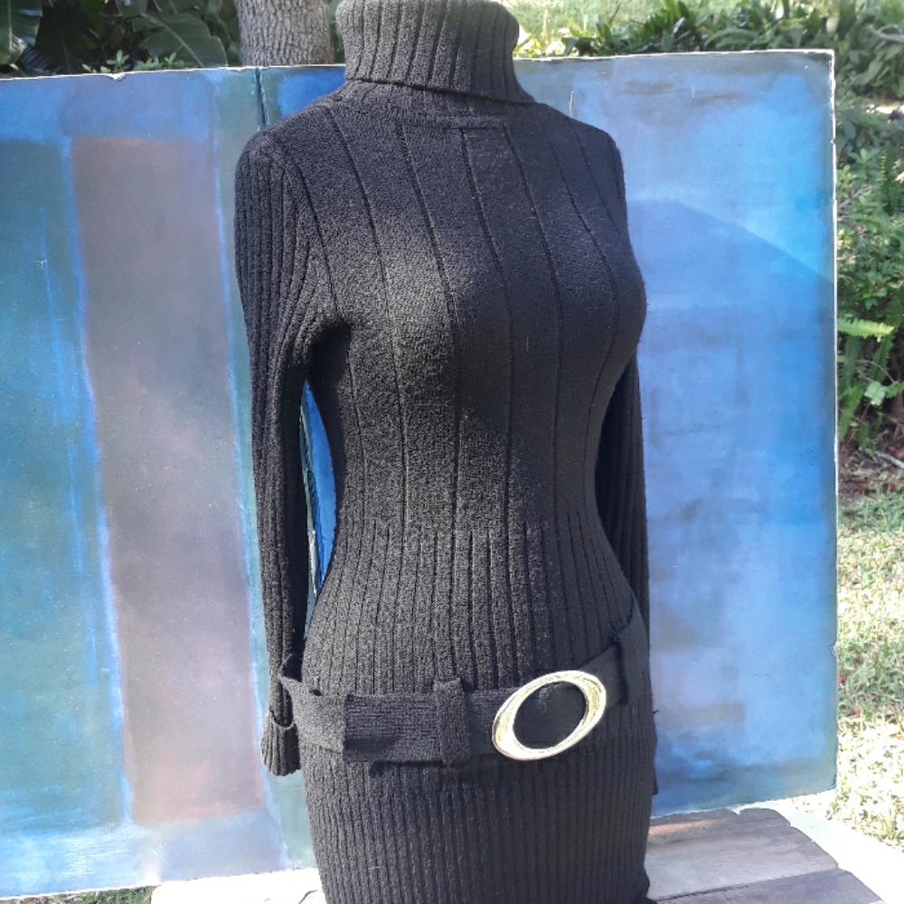 Black ribbed turtleneck sweater belted Xsmall